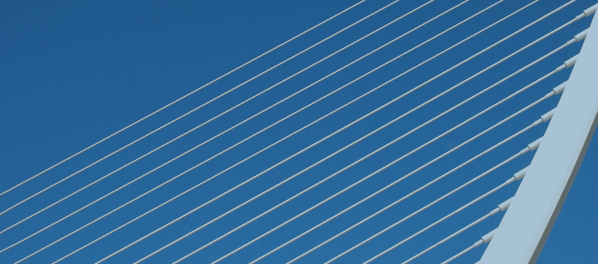 Parallele wei&szlig;e Tragseile einer Schr&auml;gseilbr&uuml;cke vor tiefblauem Himmel
