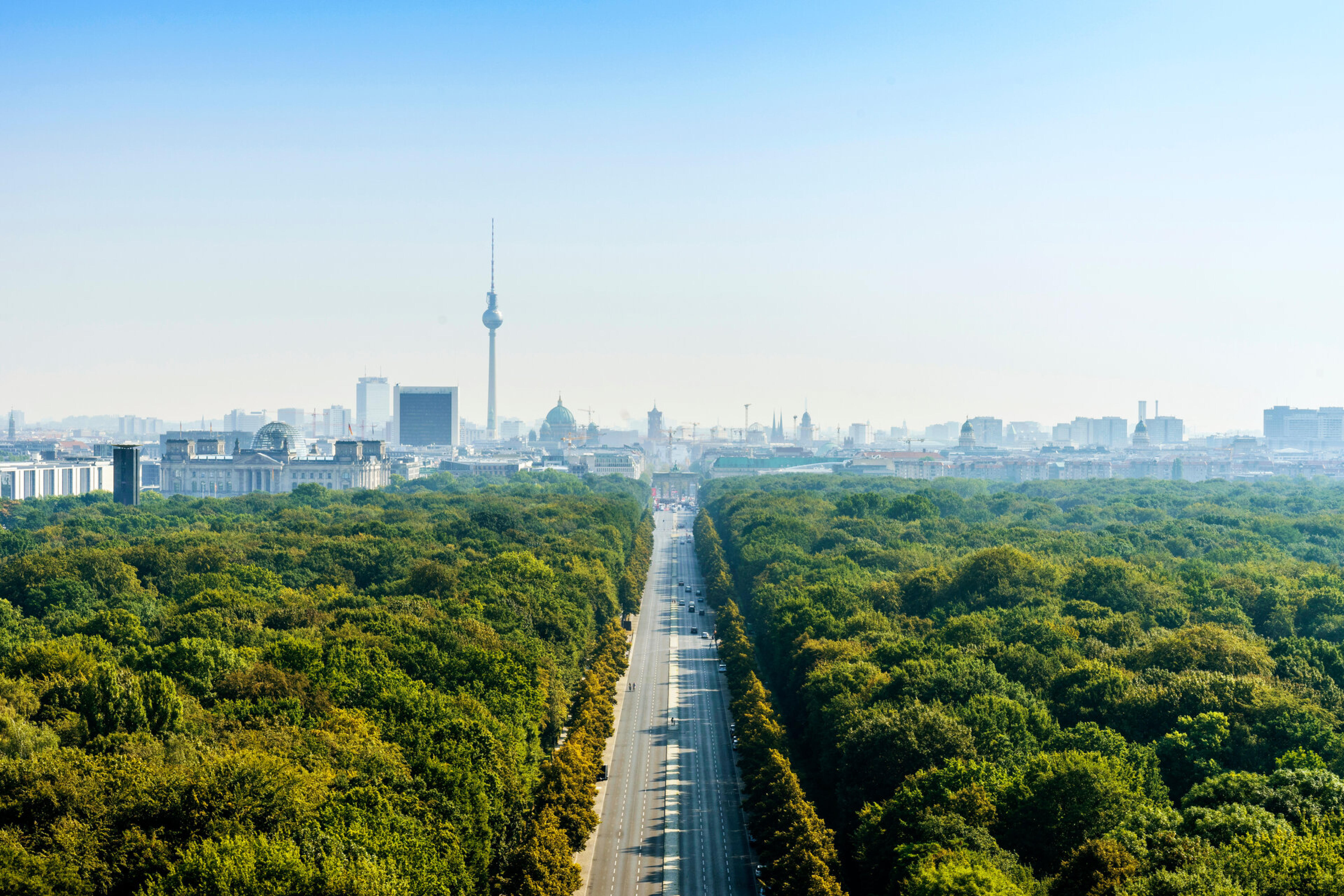 Berliner Skyline mit Fernsehturm hinter einer von B&auml;umen ges&auml;umten Allee