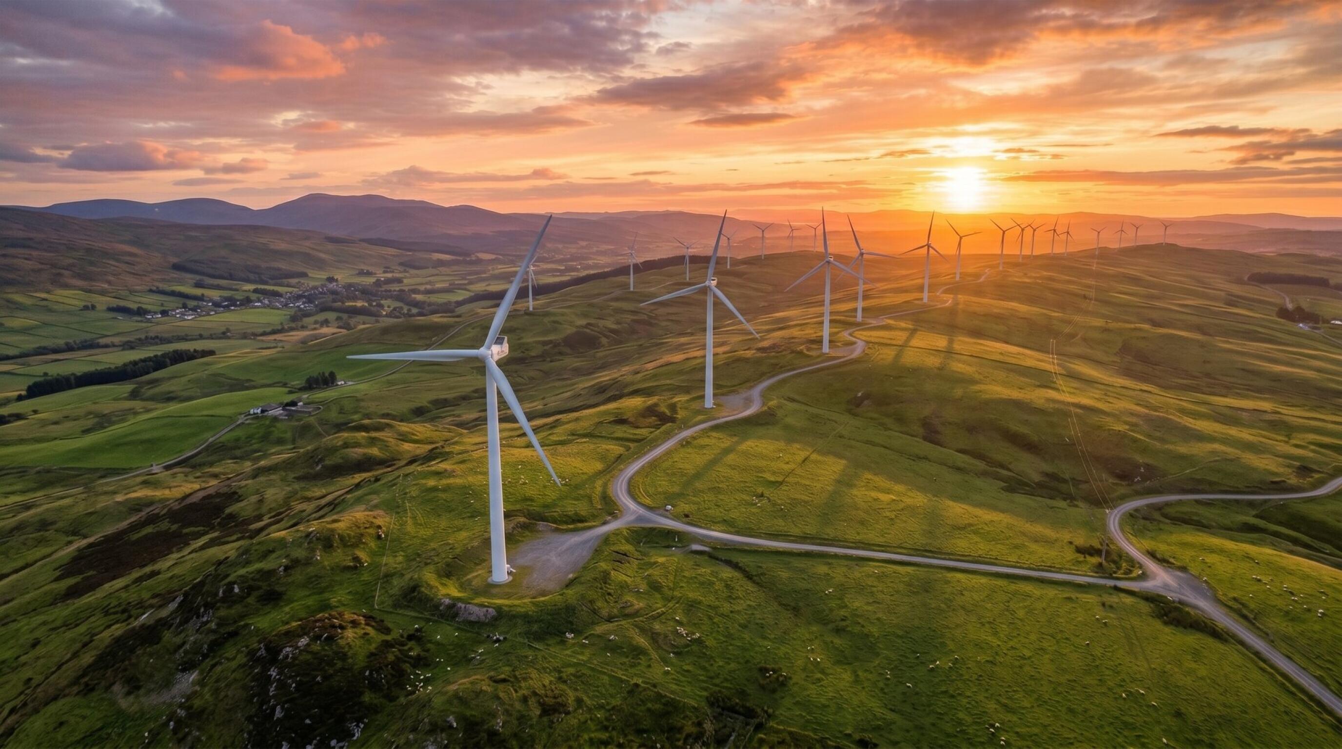 Windturbinen auf einem H&uuml;gel bei Sonnenuntergang mit Blick &uuml;ber gr&uuml;ne Landschaft