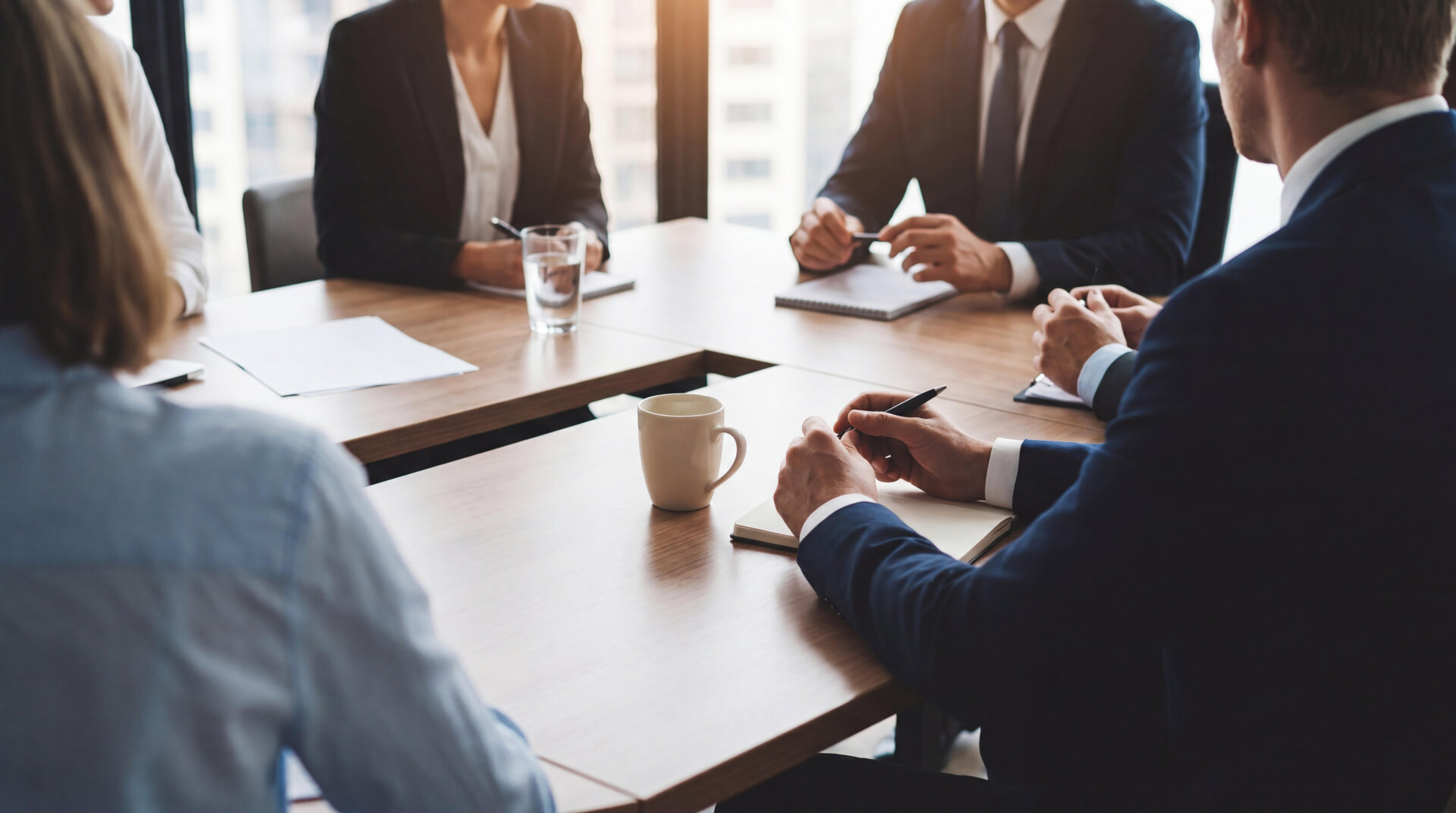 Mehrere Personen in Businesskleidung sitzen an einem Konferenztisch mit Notizbl&ouml;cken