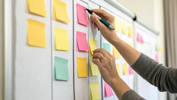 Hand writing on colourful sticky notes on a planning board