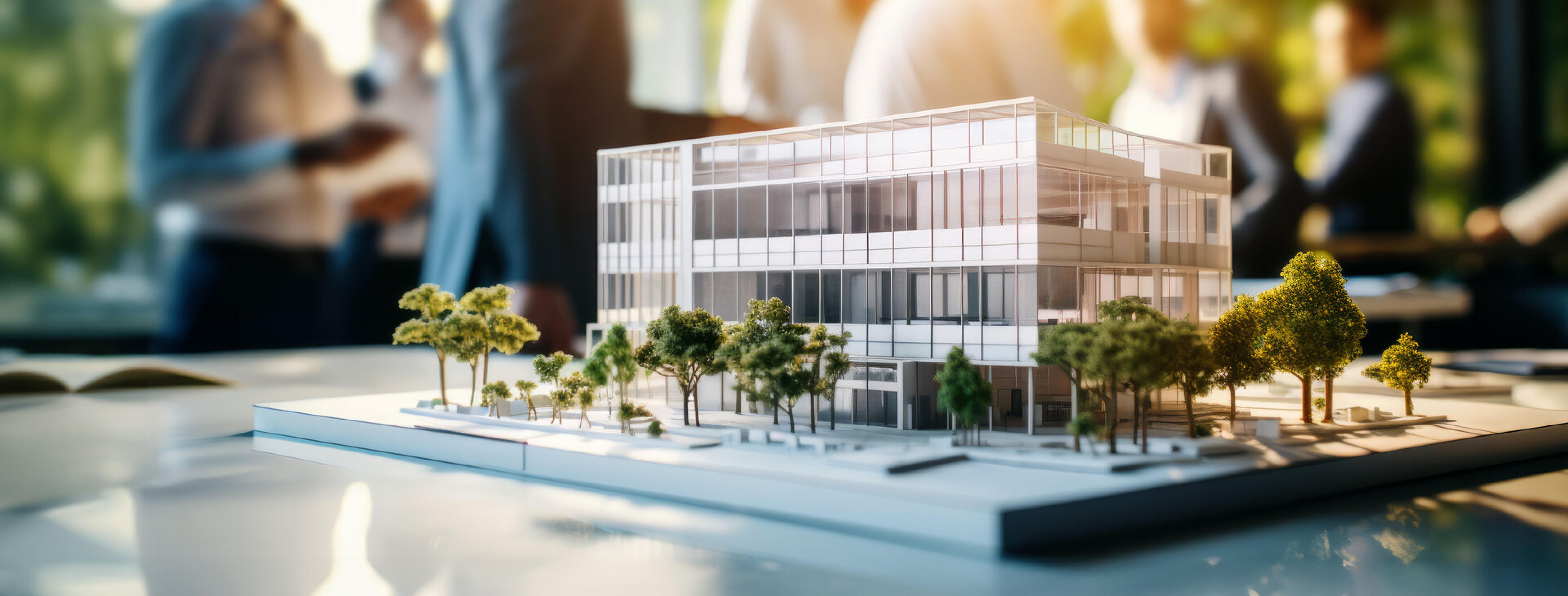 Architekturmodell eines B&uuml;rogeb&auml;udes auf einem Tisch, im Hintergrund Gesch&auml;ftsleute im Gespr&auml;ch