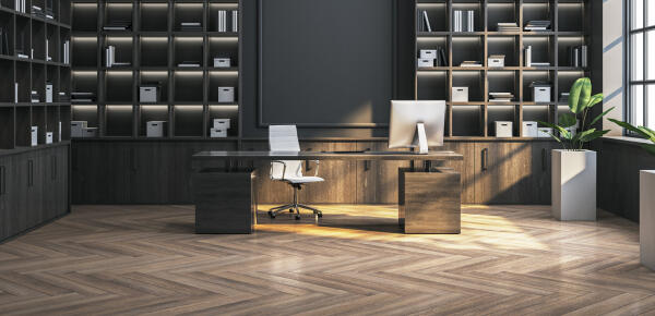 Dunkel get&auml;feltes B&uuml;ro mit B&uuml;cherregalen, Schreibtisch und Computer